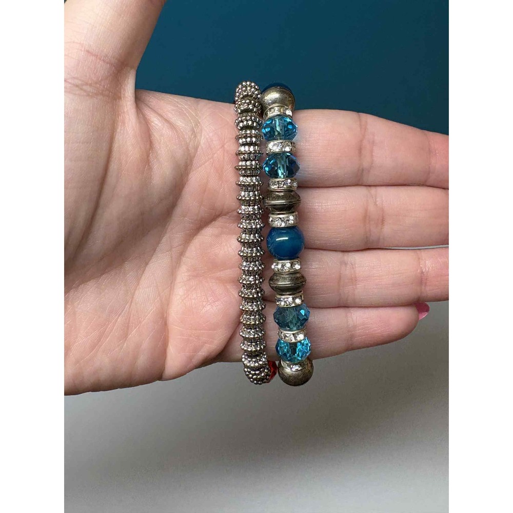 Blue and Red Beaded Stretch Bracelets with‎ Rhinestone Accents Silver Tone Lot